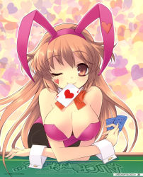 Rule 34 | 1girl, absurdres, alice (alice parade), alice parade, animal ears, blush, breasts, brown eyes, brown hair, card, facepaint, fake animal ears, heart, highres, ito noizi, large breasts, long hair, miori (alice parade), one eye closed, pantyhose, playboy bunny, rabbit ears, smile, solo, wink, wrist cuffs