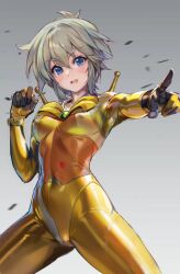 1girl allenby_beardsley alternate_hairstyle blonde_hair blue_eyes blush bodysuit covered_erect_nipples covered_navel g_gundam gundam highres huo_ji_wu hyper_mode_(gundam) looking_at_viewer mecha_pilot_suit mobile_trace_suit pointing shiny_clothes short_hair skin_tight smile solo standing yellow_bodysuit