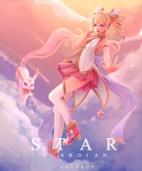 Rule 34 | 1girl, absurdres, artist name, bangle, blonde hair, blue eyes, bracelet, cat, cloud, drill hair, evening, floating, full body, highres, jewelry, looking at viewer, lulybot, outstretched arm, pink skirt, pleated skirt, skirt, solo, thighhighs, twin drills, white cat, white thighhighs