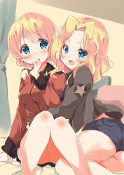 Rule 34 | 2girls, arm around shoulder, arm support, bed sheet, black shirt, black skirt, blonde hair, blue eyes, blue shorts, blurry, blurry background, blush, braid, brown jacket, closed eyes, commentary, darjeeling (girls und panzer), epaulettes, girls und panzer, hair intakes, hand to own mouth, head tilt, hug, indoors, jacket, kay (girls und panzer), legs, light frown, long hair, long sleeves, looking at another, looking at viewer, military, military uniform, miniskirt, multiple girls, no legwear, on bed, open clothes, open jacket, parted lips, pleated skirt, red jacket, saunders military uniform, shirt, short hair, short shorts, shorts, sitting, skirt, smile, st. gloriana&#039;s military uniform, star (symbol), tom q (tomtoq), twin braids, uniform, yokozuwari, yuri