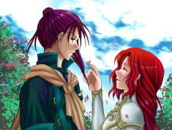 Rule 34 | 1boy, 1girl, ^ ^, armor, breastplate, closed eyes, cloud, fire emblem, fire emblem: path of radiance, height difference, hetero, holy pledge, long hair, looking at viewer, lowres, nintendo, outdoors, petals, pointing, ponytail, purple hair, red hair, shinon (fire emblem), smile, titania (fire emblem), tree
