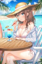 Rule 34 | 1girl, absurdres, bad id, bad twitter id, bare shoulders, beach, bikini, blue eyes, blue hawaii, braid, breasts, brown hair, brown hat, chair, cleavage, crossed legs, cup, day, drinking glass, drinking straw, front-tie bikini top, front-tie top, half updo, halterneck, hand up, hat, highres, holding, hurricane glass, jacket, lens flare, long hair, looking at viewer, medium breasts, ocean, off shoulder, open clothes, open jacket, original, outdoors, parted lips, side-tie bikini bottom, sidelocks, sitting, sky, solo, straw hat, string bikini, sunlight, swimsuit, table, thighs, tokkyu, tropical drink, water, white bikini, white jacket