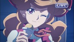 Rule 34 | 1girl, breasts, cowboy hat, female focus, hat, large breasts, light brown hair, melissa claire, microphone, screencap, smile, television, wink, yu-gi-oh!, yu-gi-oh! arc-v