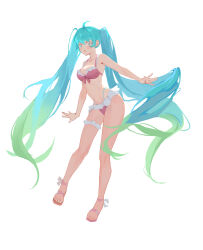 Rule 34 | 1girl, absurdres, ahoge, bare arms, bare legs, bikini, blue eyes, blue hair, blush, breasts, cleavage, collarbone, commentary, frilled bikini, frills, front-tie bikini top, front-tie top, full body, gradient hair, green hair, hair between eyes, hatsune miku, highres, long hair, looking at viewer, medium breasts, multi-strapped bikini, multicolored hair, open mouth, red bikini, solo, standing, swimsuit, thigh strap, twintails, very long hair, vocaloid, yazawa yuki