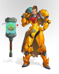 Rule 34 | 1girl, absurdres, alien, armor, brigitte (overwatch), brown eyes, brown hair, capelet, coattails, commentary, crossover, full body, fusion, hair ornament, hairclip, hand on own hip, highres, mace, metroid, metroid (creature), nintendo, over shoulder, overwatch, overwatch 1, ponytail, power armor, sam santala, samus aran, sidelocks, solo focus, weapon, weapon over shoulder