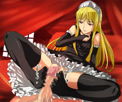 Rule 34 | 00s, 1girl, bed, black thighhighs, blonde hair, bridal gauntlets, censored, dress, elbow gloves, feet, footjob, fura, gloves, hime (kaibutsu oujo), jpeg artifacts, kaibutsu oujo, lingerie, long hair, naughty face, no panties, no shoes, penis, petticoat, pov, red eyes, smile, solo focus, spread legs, thighhighs, tiara, toes, underwear, very long hair, window