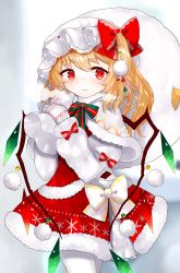 Rule 34 | bag, blonde hair, bow, bowtie, capelet, carrying over shoulder, christmas, commentary request, cowboy shot, dress, flandre scarlet, fur-trimmed capelet, fur-trimmed dress, fur trim, gradient background, hair between eyes, hair ornament, hat, hat ribbon, highres, holding, holding bag, layered dress, looking at viewer, mittens, mob cap, neck ribbon, pantyhose, pom pom (clothes), red dress, red eyes, ribbon, sakizaki saki-p, short hair, side ponytail, smile, standing, striped bow, striped bowtie, striped clothes, striped neckwear, touhou, white background, white hat, white pantyhose, wings