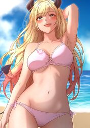 1girl alternate_costume arm_behind_head arm_up beach bikini blonde_hair blue_sky blush breasts cleavage collarbone commentary day demon_girl demon_horns demon_tail eyelashes gradient_hair green_eyes highres hololive horns long_hair looking_at_viewer mikan_mizu multicolored_hair navel ocean open_mouth outdoors pink_bikini pink_hair pointy_ears sand sidelighting sky smile solo stomach swimsuit tail two-tone_hair underboob upper_body virtual_youtuber winged_heart yuzuki_choco