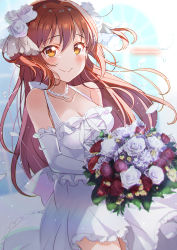 Rule 34 | 1girl, bare shoulders, blush, bouquet, breasts, brown eyes, brown hair, cleavage, closed mouth, collarbone, commentary request, commission, dress, elbow gloves, flower, gloves, hair flower, hair ornament, halterneck, holding, holding bouquet, kitahara tomoe (kitahara koubou), long hair, looking at viewer, medium breasts, nozomi (princess connect!), petals, pixiv commission, princess connect!, red flower, red rose, rose, smile, solo, tears, twitter username, very long hair, wedding dress, white dress, white flower, white gloves, white rose