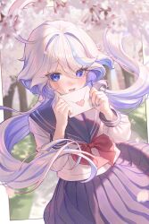 Rule 34 | 1girl, absurdres, ahoge, black skirt, blue eyes, blue hair, blush, bow, bowtie, chabi009, cherry blossoms, furina (genshin impact), genshin impact, hair between eyes, highres, holding, holding letter, letter, long hair, long sleeves, looking at viewer, multicolored hair, neckerchief, open mouth, red bow, red bowtie, red neckerchief, school uniform, serafuku, skirt, solo, streaked hair, white hair, white serafuku
