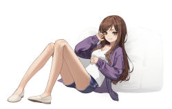 Rule 34 | 1girl, absurdres, bare legs, blue shorts, brown eyes, brown hair, cardigan, commentary, commission, cushion, dolphin shorts, full body, highres, legs, long hair, long sleeves, looking at viewer, original, parted lips, purple cardigan, reclining, shirt, shorts, simple background, slippers, smile, solo, white background, white footwear, white shirt, yoon cook