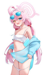 Rule 34 | 1girl, absurdres, ahoge, bikini, bikini bottom pull, blue archive, blue eyes, blue jacket, blush, breasts, cleavage, collarbone, cowboy shot, fang, frilled bikini, frills, hair between eyes, hair bobbles, hair ornament, halo, heterochromia, highres, hoshino (blue archive), hoshino (swimsuit) (blue archive), jacket, li se, long hair, long sleeves, looking at viewer, low twintails, navel, official alternate costume, open clothes, open jacket, open mouth, pink hair, pink halo, simple background, skin fang, small breasts, smile, solo, swimsuit, twintails, white background, white bikini, yellow eyes