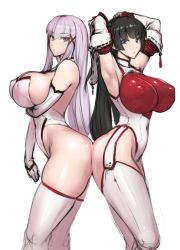 Rule 34 | 2girls, aragami mitsuru, arched back, armpits, arms up, ass, ass-to-ass, blush, breasts, butt bump, covered erect nipples, cowboy shot, detached sleeves, elbow gloves, enjou sakuya, framed breasts, gloves, highleg, highleg leotard, huge breasts, impossible clothes, japanese clothes, large breasts, leotard, long hair, looking at viewer, miko, multiple girls, nontraditional miko, original, purple eyes, rindou (radical dream), skin tight, thick thighs, thighhighs, thighs, thong leotard, white hair, white legwear