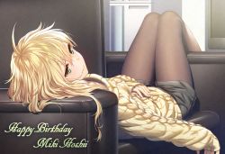 Rule 34 | 1girl, ahoge, black shorts, blonde hair, blush, breasts, character name, closed mouth, collarbone, commentary request, couch, feet out of frame, from behind, green eyes, hair in own mouth, happy birthday, hoshii miki, idolmaster, idolmaster (classic), pantyhose under shorts, long hair, long sleeves, looking at viewer, lying, medium breasts, nanaran, on back, pantyhose, shorts, sleepy, sleeves past wrists, smile, solo, sweater, yellow sleeves