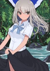 Rule 34 | 1girl, black skirt, blue bow, blush, bow, breasts, brown eyes, closed mouth, collared shirt, day, dress shirt, floating hair, grey hair, hair between eyes, highres, hinomaru (futagun), long hair, looking away, looking to the side, medium breasts, original, outdoors, pleated skirt, river, rock, shirt, skirt, skirt hold, snow, solo, standing, tree, white shirt
