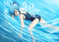 Rule 34 | 1girl, afloat, banana, banana boat, bare legs, blue hair, bow, cirno, closed eyes, food, fruit, hair bow, ice, lying, on banana, on stomach, one-piece swimsuit, partially submerged, raybar, school swimsuit, short hair, sleeping, soaking feet, solo, straddling, swimsuit, touhou, water