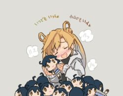 Rule 34 | 1girl, abukuma (kancolle), ahoge, black hair, blonde hair, blush, brown eyes, character doll, chibi, closed eyes, coat, comic, commentary, doll, grey background, hair rings, heavy breathing, hood, hooded coat, kantai collection, open mouth, pile, saiguchi otoufu, smile, translated, twintails, ushio (kancolle)
