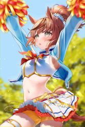 Rule 34 | 1girl, alternate costume, alternate hairstyle, animal ears, armpits, arms up, belt, blurry, blurry background, blush, breasts, brown eyes, commentary request, highres, horse ears, horse girl, horse tail, medium hair, midriff, mikazuki mika, navel, nice nature (run&amp;win) (umamusume), nice nature (umamusume), open mouth, pom pom (cheerleading), red hair, small breasts, tail, twitter username, umamusume