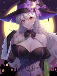 Rule 34 | 1girl, bare shoulders, black dress, breasts, bridal gauntlets, cleavage, corrin (female) (fire emblem), corrin (fire emblem), crescent, crescent hat ornament, dress, earrings, fire emblem, fire emblem fates, fire emblem heroes, full moon, green sash, halloween, halloween costume, hat, hat ornament, head tilt, highres, jewelry, lantern, long hair, looking at viewer, medium breasts, moon, nintendo, official alternate costume, pointy ears, purple ribbon, red eyes, ribbon, sash, solo, star (symbol), star hat ornament, thighs, tomo shirasu, white hair, witch, witch hat