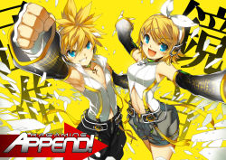 Rule 34 | 1boy, 1girl, :d, bass clef, blonde hair, blue eyes, blush, brother and sister, choker, clenched hand, detached sleeves, foreshortening, grin, hair ornament, hair ribbon, hairclip, headset, kagamine len, kagamine len (append), kagamine rin, kagamine rin (append), navel, open mouth, outstretched arms, raised fist, ress, ribbon, short hair, shorts, siblings, smile, spiked hair, spread arms, treble clef, twins, vocaloid, vocaloid append