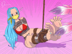 Rule 34 | 1girl, absurdres, arms behind back, barefoot, bdsm, blue hair, blush, bondage, bound, bra, breasts, brown eyes, cleavage, cloth gag, deaart, feathers, full body, gag, gagged, highres, improvised gag, medium breasts, nail polish, nefertari vivi, one piece, over the nose gag, pink background, red bra, rope, source request, tape, tape bondage, toenail polish, toenails, underwear, variant set