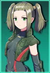 Rule 34 | 1girl, breasts, covered navel, cropped vest, elbow gloves, gloves, green background, green eyes, highres, kamidan, medium hair, shania (xenoblade), skin tight, small breasts, solo, twintails, upper body, vest, xenoblade chronicles (series), xenoblade chronicles 3