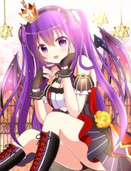 Rule 34 | 1girl, bare shoulders, black gloves, blush, boots, breasts, cleavage, commentary, crown, curled horns, demon horns, demon tail, demon wings, dress, dress flower, fake horns, fang, fingerless gloves, flower, gloves, gochuumon wa usagi desu ka?, hair between eyes, hands up, highres, horns, knee boots, knees up, long hair, looking at viewer, medium breasts, mini crown, open mouth, purple eyes, purple hair, rose, ryoutan, sitting, sleeveless, sleeveless dress, smile, solo, tail, tedeza rize, thighs, two side up, very long hair, wings, yellow flower, yellow rose