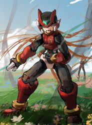 Rule 34 | 1boy, 1girl, absurdres, android, armor, battle damage, black eyes, blonde hair, blood, blood from mouth, blood on face, blurry, blurry background, ciel (mega man), crotch plate, energy sword, fangs, forehead jewel, full body, gradient background, helmet, highres, holding, holding sword, holding weapon, injury, long hair, male focus, mechanical parts, mega man (series), mega man zero (series), omochi (mochi skymega), red armor, red helmet, reverse grip, solo focus, sword, weapon, z saber, zero(z) (mega man), zero (mega man)