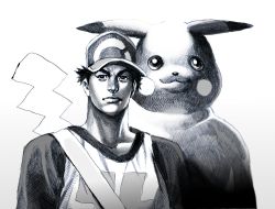 Rule 34 | 1boy, baseball cap, clothes writing, creatures (company), derivative work, game freak, gen 1 pokemon, gradient background, greyscale, hat, highres, looking at viewer, male focus, monochrome, nintendo, nobita (makoto7060355), pikachu, pokemon, pokemon (creature), pokemon sm, raglan sleeves, red (pokemon), red (pokemon sm), shirt, short hair, simple background, t-shirt, upper body, white background