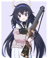 Rule 34 | 1girl, black eyes, black hair, blue archive, blue hairband, bolt-action rifle, book, border, carbine, cowboy shot, de lisle carbine, gradient background, grey background, gun, hairband, highres, integral suppressor, integrally-suppressed firearm, jewelry, low twintails, necklace, open mouth, paskmel, pistol-caliber carbine, rifle, skirt, solo, suppressor, twintails, ui (blue archive), weapon, white border, white skirt