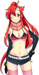 Rule 34 | 00s, 1girl, absurdres, attsun (atsushi jb), bare shoulders, belt, bikini, bikini top only, black gloves, blush, bracelet, breasts, cleavage, elbow gloves, female focus, fingerless gloves, flame print, gloves, grin, groin, hair between eyes, hair ornament, hair stick, hand on own hip, heart, highres, hip focus, incredibly absurdres, jewelry, long hair, long image, looking at viewer, narrow waist, navel, no shirt, official style, one eye closed, pink thighhighs, red hair, resized, scarf, shiny skin, short shorts, shorts, simple background, skindentation, skull hair ornament, smile, solo, standing, swimsuit, tall image, teeth, tengen toppa gurren lagann, thigh gap, thighhighs, thighs, underboob, very long hair, white background, wink, yellow eyes, yoko littner