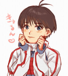Rule 34 | 1girl, androgynous, antenna hair, black eyes, blush, brown hair, close-up, closed mouth, commentary, curled fingers, film grain, grey jacket, hands on own face, heart, highres, idolmaster, idolmaster (classic), idolmaster 1, jacket, kikuchi makoto, long sleeves, looking at viewer, mihen, portrait, raglan sleeves, red jacket, short hair, simple background, single horizontal stripe, single vertical stripe, sketch, sleeves past wrists, solo, tomboy, translated, upper body, very short hair, w arms, white background, white jacket