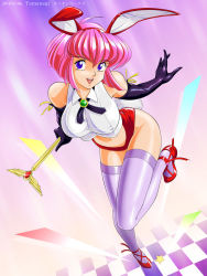 Rule 34 | 1990s (style), 1girl, animal ears, bad id, bad pixiv id, blue eyes, breasts, elbow gloves, glasses, gloves, happy, large breasts, leaning forward, leotard, looking at viewer, misty may, narrow waist, navel, no bra, open mouth, otaku no video, pink hair, rabbit ears, rabbit tail, red footwear, retro artstyle, shoes, short hair, simple background, smile, solo, staff, tail, tamanegiinyo, thighhighs, wand