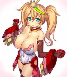 Rule 34 | 1girl, aqua eyes, asamura hiori, bare shoulders, black thighhighs, blonde hair, blush, breasts, cleavage, elbow gloves, gene (pso2), gloves, green hair, hair between eyes, hair ornament, highres, large breasts, long hair, looking at viewer, multicolored hair, phantasy star, phantasy star online 2, simple background, smile, solo, thighhighs, twintails, white background