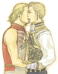 Rule 34 | 00s, 2boys, balflear, basch, blonde hair, earrings, facial hair, final fantasy, final fantasy xii, fingerless gloves, gloves, jewelry, kiss, lowres, male focus, multiple boys, simple background, standing, vest, white background, yaoi