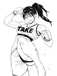 Rule 34 | 1girl, abs, absurdres, barefoot, biceps, breasts, clenched hands, fingerless gloves, gloves, gym shorts, high contrast, highres, ishido natsuo, jamrolypoly, kicking, long hair, medium breasts, midriff, mma gloves, motion blur, muscular, muscular female, ponytail, shorts, solo, sports bra, sweat, teppu, very sweaty