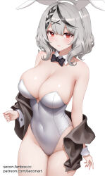 Rule 34 | 1girl, animal ears, bare shoulders, black hair, blush, braid, breasts, cleavage, covered navel, detached collar, fake animal ears, grey hair, hair ornament, highres, hololive, large breasts, leotard, looking at viewer, medium hair, multicolored hair, playboy bunny, rabbit ears, red eyes, sakamata chloe, secon, solo, strapless, strapless leotard, thighs, virtual youtuber, white background, wrist cuffs, x hair ornament