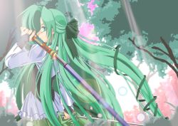 Rule 34 | 1girl, fia (riviera), green hair, hair ribbon, half updo, katana, long hair, rapier, ribbon, riviera, solo, suzuuchi yayoi, sword, tree, weapon