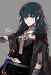 Rule 34 | 1girl, blue eyes, brown pantyhose, byleth (female) (fire emblem), byleth (fire emblem), cape, closed mouth, clothing cutout, dagger, ebanoniwa, fire emblem, fire emblem: three houses, green hair, grey background, grey cape, hair between eyes, highres, knife, long hair, looking at viewer, navel, navel cutout, nintendo, pantyhose, pantyhose under shorts, sanpaku, shorts, simple background, solo, tassel, weapon