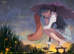Rule 34 | 1girl, ahoge, akanbe, artist name, bare legs, blizzomos, blue eyes, blue hair, blue skirt, blue vest, cloud, cloudy sky, commentary, english commentary, eyelid pull, full body, geta, grass, heterochromia, highres, holding, holding umbrella, juliet sleeves, karakasa obake, long sleeves, long tongue, looking at viewer, looking to the side, oil-paper umbrella, outdoors, puffy sleeves, purple umbrella, rain, red eyes, shirt, short hair, skirt, sky, socks, solo, squatting, tatara kogasa, tongue, tongue out, touhou, umbrella, vest, white shirt, white socks, wide-eyed