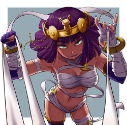 Rule 34 | 1girl, alternate costume, bandages, blue background, blue eyes, border, bracelet, circlet, dark-skinned female, dark skin, egyptian, facing viewer, fingerless gloves, gloves, green eyes, jewelry, licking lips, looking at viewer, menat, mummy costume, nail polish, naked bandage, navel, official alternate costume, purple hair, purple nails, solo, street fighter, street fighter v, tongue, tongue out, troillungan, white border, wide hips