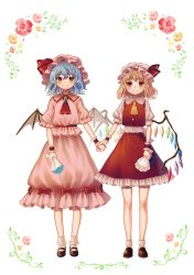 Rule 34 | 2girls, ascot, bat wings, blonde hair, blouse, blue hair, blush, bobby socks, bouquet, brooch, crystal, fang, flandre scarlet, flower, frilled shirt collar, frilled skirt, frills, full body, hat, hat ribbon, highres, holding hands, jewelry, loafers, looking at another, mary janes, mob cap, multiple girls, pink shirt, pink skirt, pointy ears, puffy short sleeves, puffy sleeves, red eyes, red ribbon, red skirt, red vest, remilia scarlet, ribbon, shirt, shoes, short sleeves, siblings, side ponytail, sisters, skirt, skirt set, smile, socks, standing, touhou, touya (konpekitou), vest, white shirt, wings, wrist cuffs