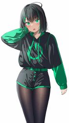 Rule 34 | 1girl, arm behind head, black hair, black hoodie, black pantyhose, black shorts, blush, collarbone, commentary request, drawstring, female focus, green eyes, green hair, green nails, gurande (g-size), hand up, highres, hood, hood down, hoodie, pantyhose under shorts, long sleeves, looking at viewer, multicolored hair, nail polish, open mouth, original, pantyhose, power symbol, puffy long sleeves, puffy sleeves, short shorts, shorts, simple background, sleeves past wrists, solo, streaked hair, white background