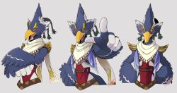 Rule 34 | 1boy, arijuno, arm behind back, arm up, armor, arms behind back, artist name, beak, bird boy, blue hair, braid, breastplate, closed mouth, cropped torso, crossed arms, foreshortening, furry, furry male, green eyes, grey background, hair tie, highres, looking at viewer, looking to the side, male focus, multiple views, nintendo, open mouth, outstretched arms, own hands together, pointing, pointing at viewer, quad tails, revali, rito, scarf, short hair, shoulder pads, signature, simple background, standing, straight-on, the legend of zelda, the legend of zelda: breath of the wild, twitter username, upper body, white scarf, winged arms, wings