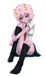 Rule 34 | 10s, 1girl, ashido mina, bad id, bad pixiv id, bare arms, black sclera, black socks, boku no hero academia, chromatic aberration, collared shirt, colored sclera, colored skin, etherize, full body, green skirt, grin, hand on own wrist, head tilt, horns, hugging own legs, knee up, knees, looking at viewer, medium hair, necktie, panties, pantyshot, pink hair, purple skin, red necktie, shirt, short sleeves, simple background, sitting, skirt, smile, socks, solo, underwear, white background, white shirt, yellow eyes