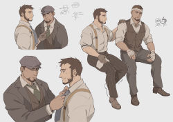 Rule 34 | 2boys, adam&#039;s apple, adjusting another&#039;s clothes, adjusting clothes, adjusting necktie, alternate costume, arm hair, bandaged hand, bandages, beard, black eyes, blue neckwear, brown gloves, brown hair, buttoned cuffs, buttons, cabbie hat, chicken leg, closed eyes, collared shirt, commentary, eating, english commentary, facial hair, flying sweatdrops, glaz (rainbow six siege), gloves, green neckwear, hand on another&#039;s shoulder, hat, highres, index finger raised, invisible chair, jacket, kapkan (rainbow six siege), kiss, kissing cheek, levasoj, male focus, mole, multiple boys, multiple views, necktie, notice lines, one eye closed, open collar, pinstripe pattern, rainbow six siege, scar, scar on face, shirt, short hair, sideways mouth, signature, simple background, sitting, sleeves rolled up, stick figure, striped, suspenders, waistcoat, yaoi