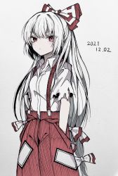 Rule 34 | 1girl, absurdres, bow, closed mouth, collared shirt, dated, fujiwara no mokou, hair bow, hands in pockets, highres, long hair, looking at viewer, multiple bows, ofuda, ofuda on clothes, pants, red eyes, red pants, shirt, short sleeves, simple background, solo, standing, suspenders, touhou, white background, white shirt, yonoisan