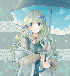 Rule 34 | 1girl, green eyes, green hair, holding, long hair, lunica, matching hair/eyes, original, rukashima, smile, solo, star (symbol), umbrella