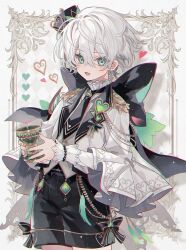 Rule 34 | 1boy, black bow, black hat, black necktie, black shorts, bow, capelet, chalice, cup, green eyes, grey background, hat, highres, holding chalice, looking at viewer, male focus, mini hat, namiki itsuki, necktie, open mouth, original, shirt, short hair, shorts, smile, solo, white capelet, white hair, white shirt