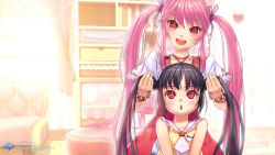 Rule 34 | 00s, 2004, 2girls, :d, :o, artist request, black hair, blush, bracelet, capelet, character name, collarbone, company name, copyright name, dress, english text, hair ribbon, highres, jewelry, kooh, logo, long hair, looking at viewer, looking up, lucia, lucia (pangya), multiple girls, open mouth, pangya, pink hair, playing with another&#039;s hair, playing with hair, red eyes, ribbon, sidelocks, sleeveless, smile, star (symbol), twintails, upper body, wallpaper, watermark, web address